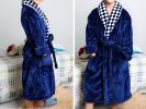 Soft Plush Diamond Pattern Lapel Bathrobes for Boys Girls Bath Homewear, Dark Blue